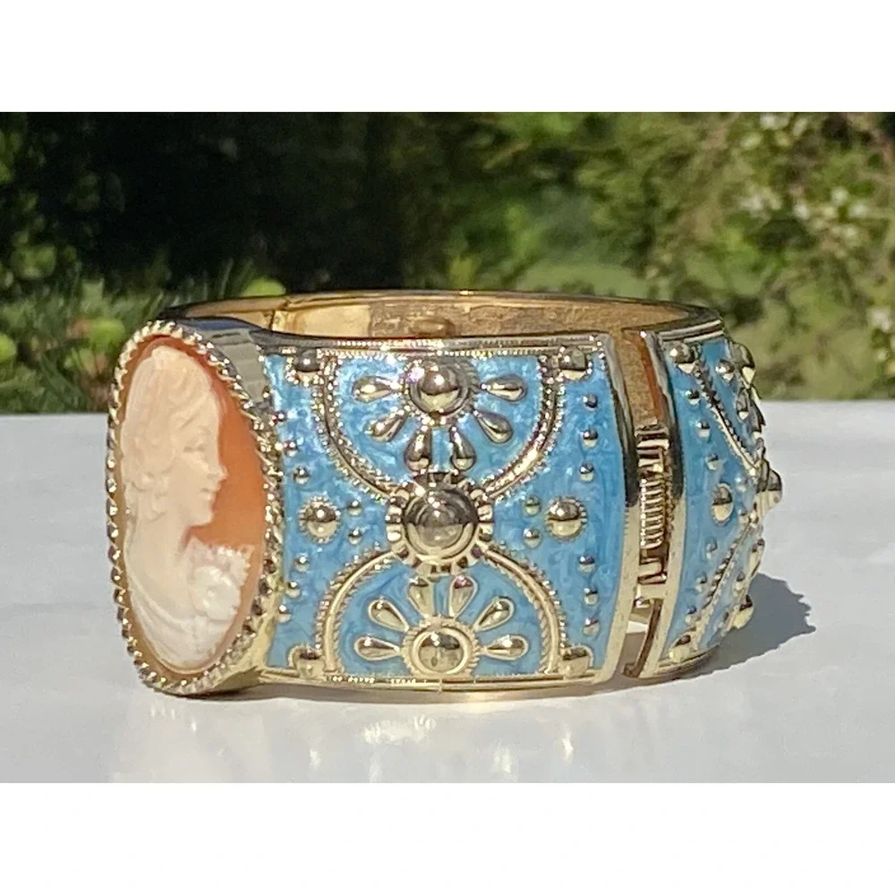 Amedeo NYC HSN 14K Gold Plated Shell Cameo Blue Enamel Bangle Bracelet~ Good Con